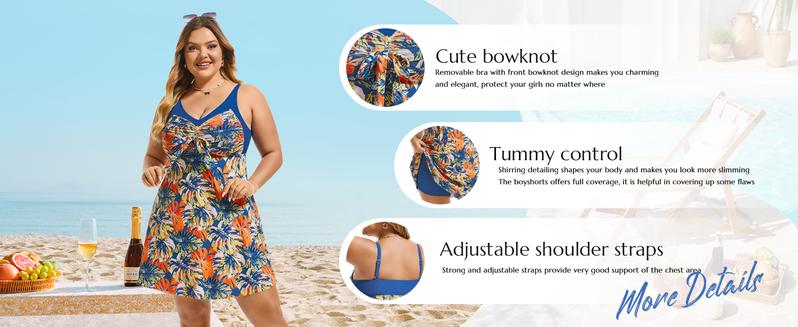 Hanna Nikole Women's Two Piece Swim Dress Plus Size Tummy Control Floral Printed Swimwear Swimsuits with Boyshort Tankinis Set Swimdress Outdoorfun