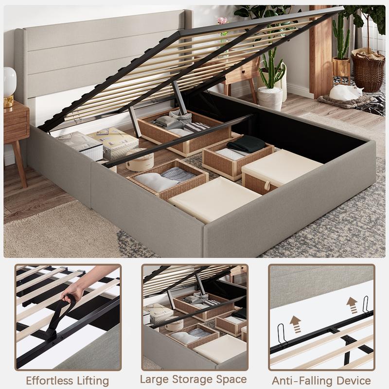 SHA CERLIN Storage Bed Frame 【No Mattress】Modern Linen Upholstered Headboard Lift-Up Storage Platform Bed Fram, Two Style Headboard, Heavy Duty Gas Lift Support, No Box Spring Needed,Wood Slats Support, Full Queen King Size