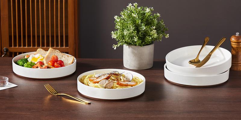 MALACASA Stoneware Pasta Bowls Set of 4, Sesame Glaze Stackable Soup Plate Set, Lead-Free Salad Plates Safe for Microwave and Dishwasher Winter Holiday