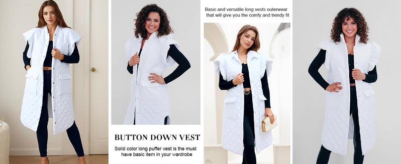 Tankaneo Womens Long Puffer Vest Ruffle Sleeve Winter Coats Hood Sleeveless Quilted Jackets Outwear