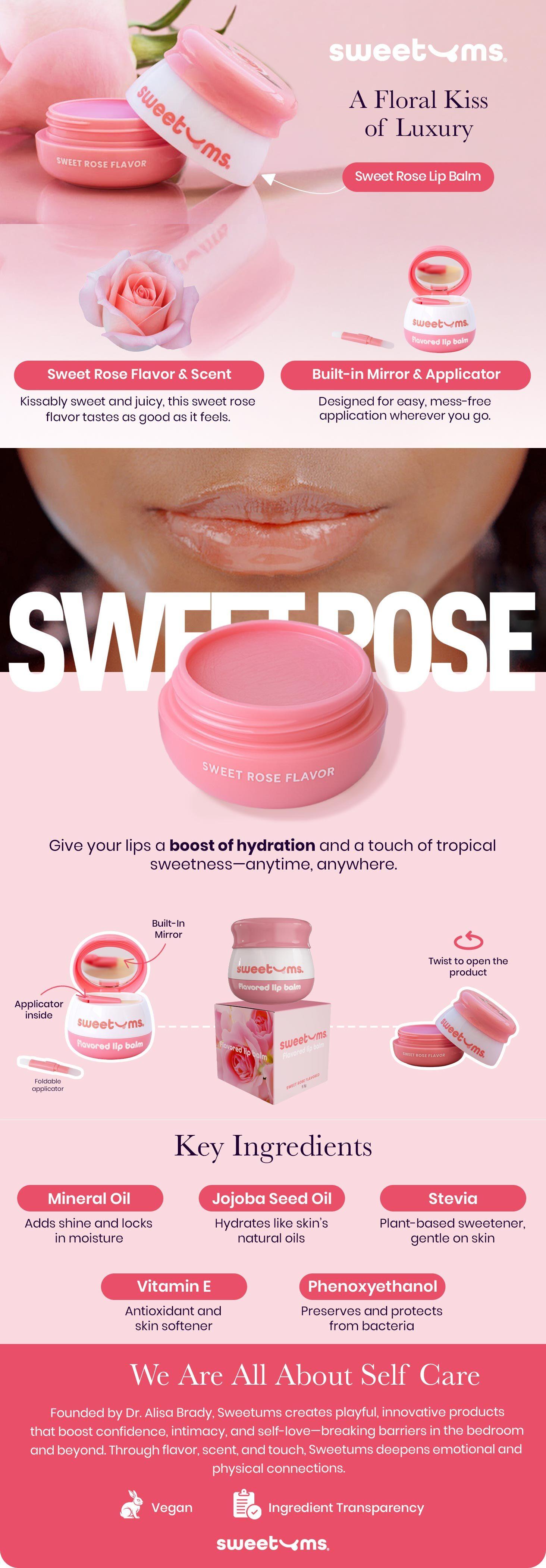 Sweetums Sweet Rose Flavored Lip Balm 9.5g Vegan Cruelty-Free with Built-in Mirror & Applicator Delicate Rose Flavor Moisturizing Hydration glossy hydrating long lasting flavored