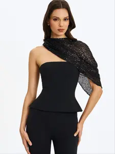 Quinette Black Peplum Top with Beaded Asymmetrical Cape