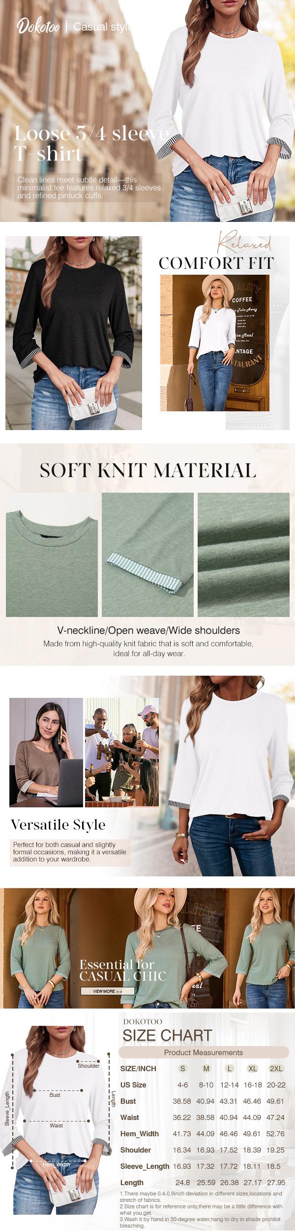 Dokotoo Women's Shirts 2026 Fashion 3/4 Length Sleeve T Shirts Cute Crewneck Casual Tops Basic Blouses