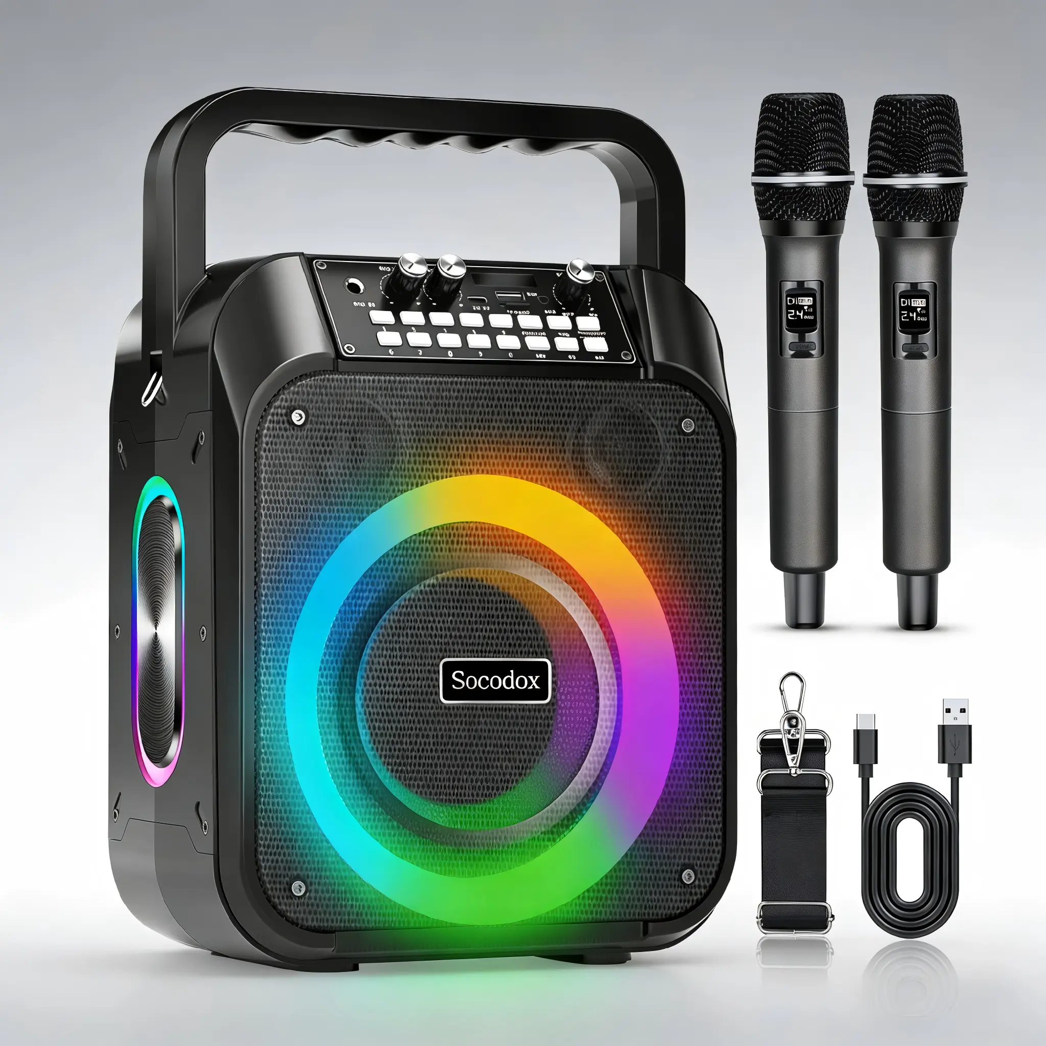 Socodox Lightweight Portable Bluetooth Karaoke Speaker Set - 60W Audio Stereo Speaker, 2 Wireless Microphones, 6000mAh Battery 12H Playtime, TWS Pairing, RGB LED Light, Dual Bass Boost PA System, USB Type-A, for Adults, Parties
