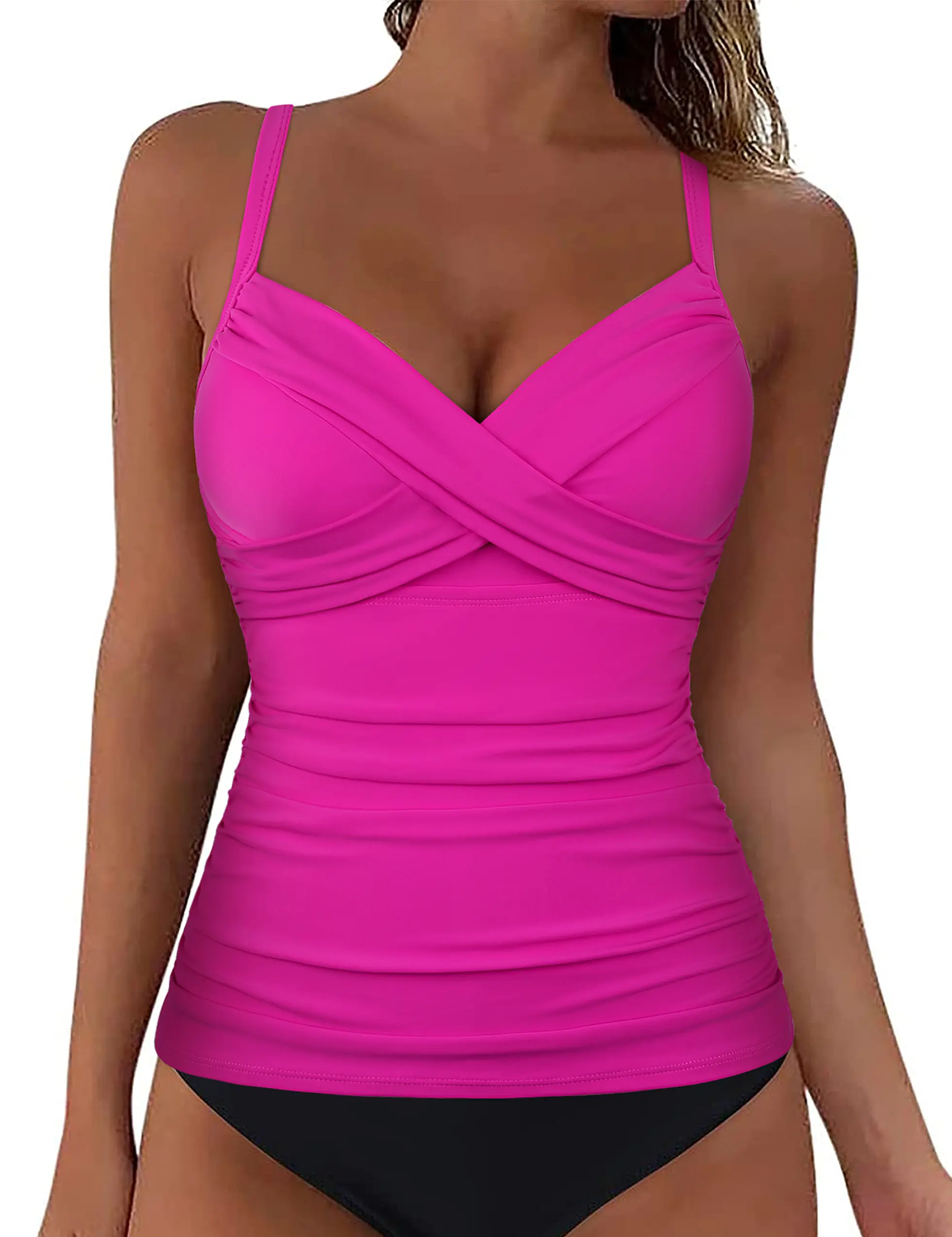 Hilor Women's Underwire Tankini Top Swimwear Twist V Neck Swimsuits for Big Busted Tummy Control Bathing Suits Top Only, Sleeveless Swim Top, Swim Tops