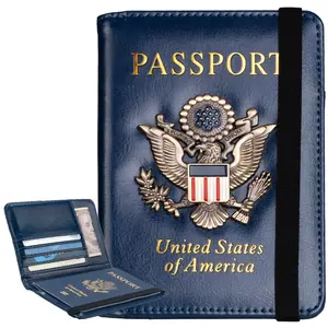 RFID Blocking Passport Holder Wallet Cover , Minimalist 3D Metal Badge PU Leather Travel Case with Multiple Pockets for Women Men Family (dark blue)