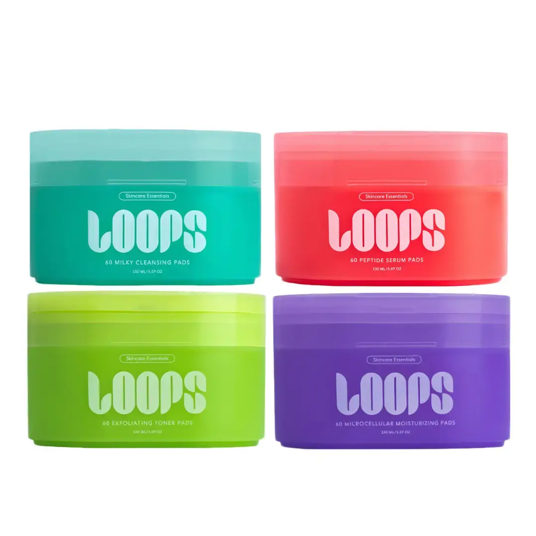 LOOPS Skincare Essentials Pads – Exfoliating Toner, Peptide Serum, MicroCellular Moisturizer or 4-Step Routine Bundle | Dermatologist Tested, Cruelty-Free