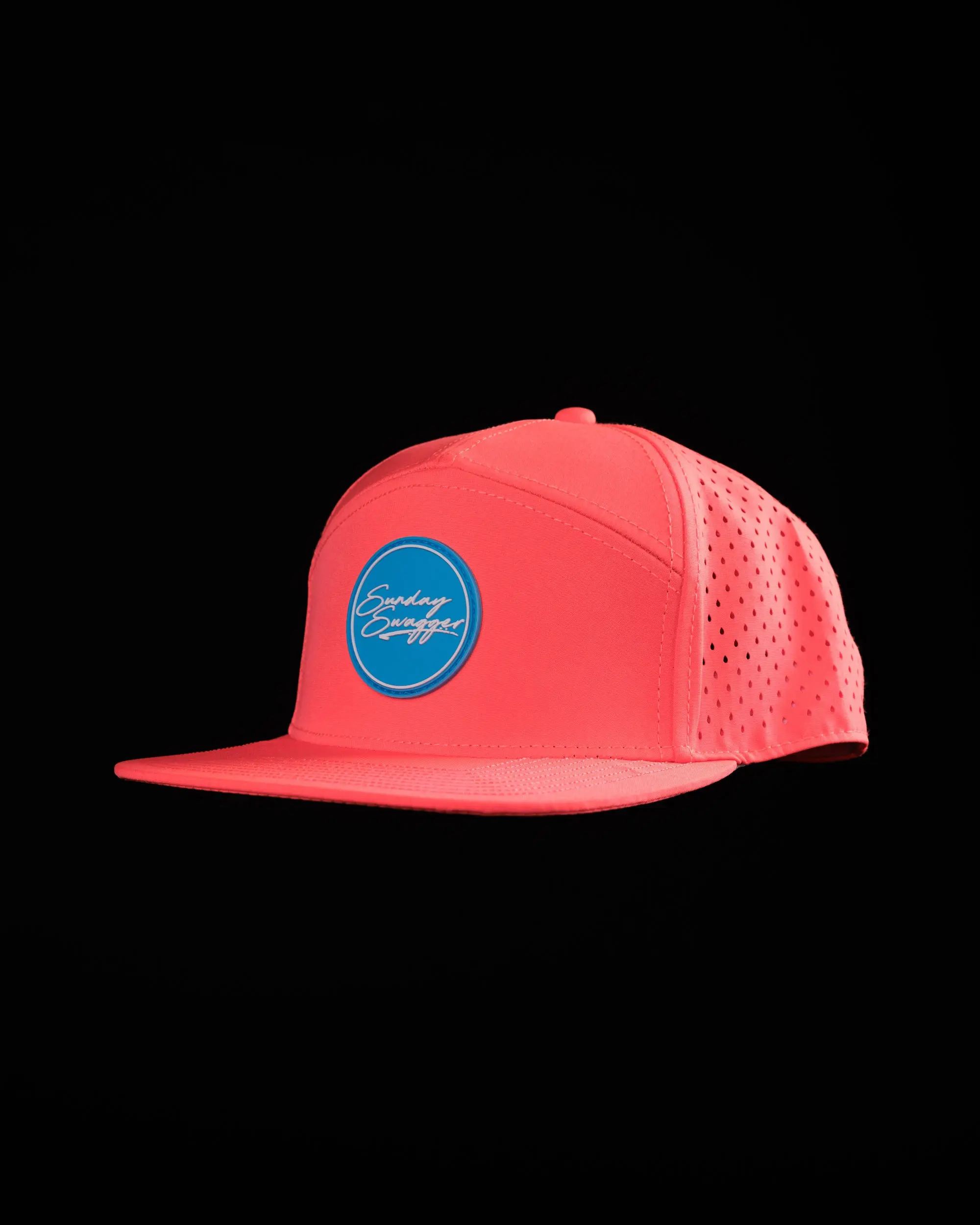 Sunday Swagger Coral Unisex Flat Bill Baseball Cap Adjustable - 7-Panel High Crown Casual Hat, Performance Fabrics, PVC Patch, 1 Size Fits Most Fashion Accessory