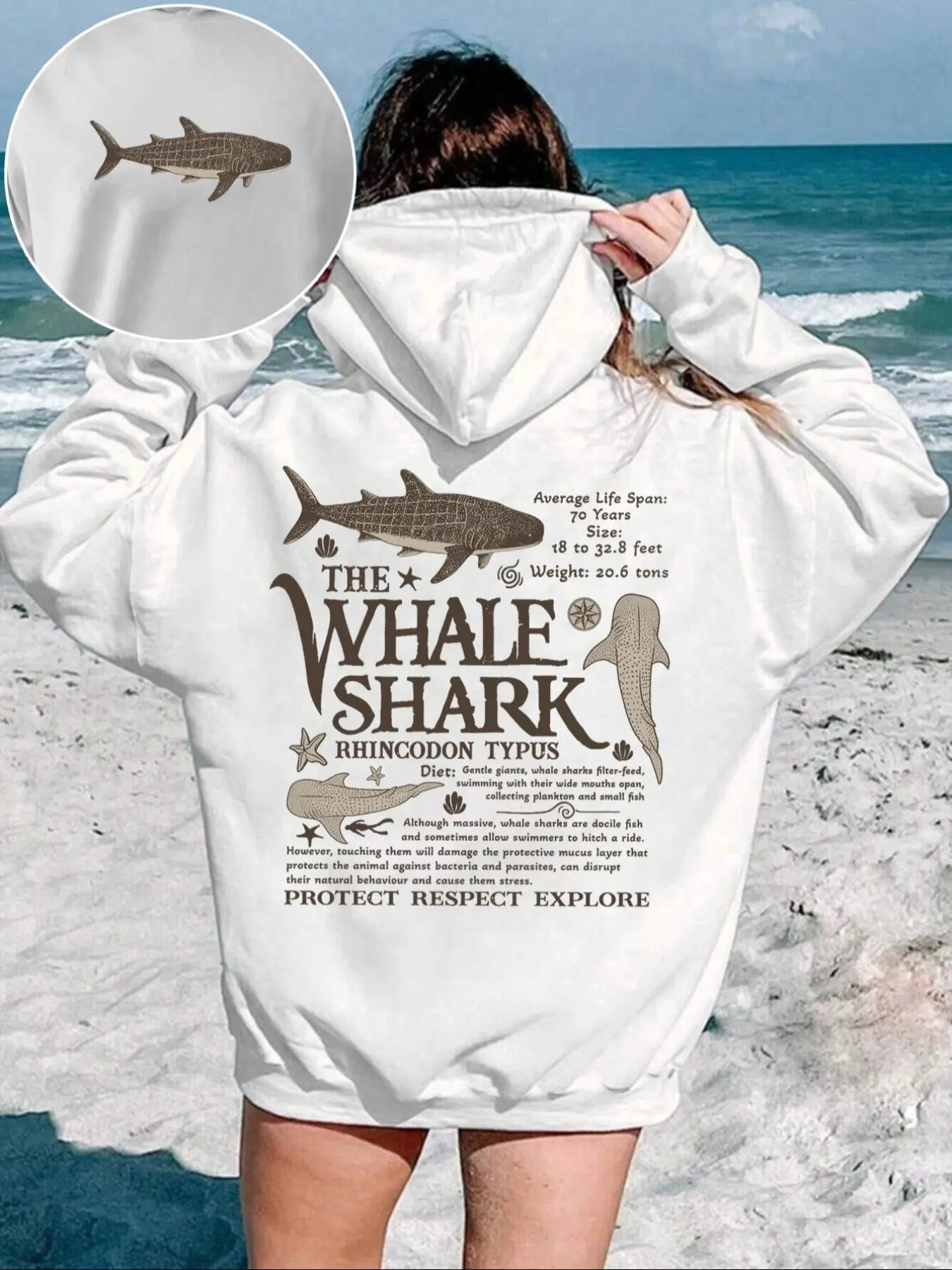 Women's Fall Winter Shark Print Hoodie, Ocean Biology Education Pattern, Comfortable and Eye-Catching, Must-Have for Nature Lovers