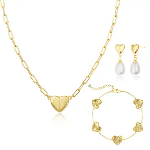 TEWIKY 14K Gold-Plated 3PCS Heart Series Set - Valentine's Day Gift, Includes Magnetic Heart Necklace, Earrings & Bracelet, Perfect for Various Occasions