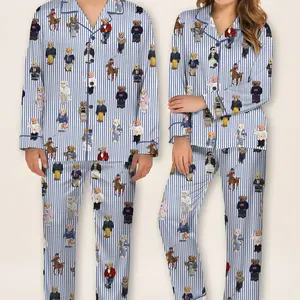 Pajamas Set for Women, Pajamas Bear Set for Women, Cute Bear Print Pajamas, Casual Long Sleeve Shirt & Elastic Pants, Soft Stretch Fabric, Comfortable