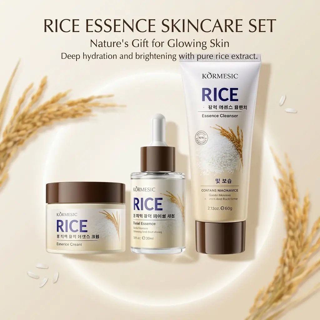 KORMESIC 3-in-1 Korean Rice Skincare Boxed Set - Multi-Pack Bundled Skin Care Kits with Cleanser, Essence, Face Cream (3 Pieces) - Moisturizer for Daily Hydrating & Skin Barrier Care, Exquisite Gift for Women, Boxed Set Skin Care Kits