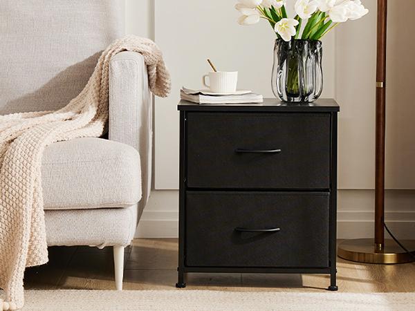 2 Drawers Nigtstand for Bedroom, Tall Chest Organizer with Fabric Bins, Steel Frame, Black