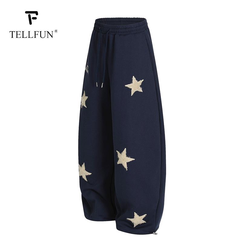 TELLFUN 2026 Men‘s Star Embroidered Jogger Pants Loose Fit Barrel Leg Sweatpants with Stretch Fabric and Drawstring Waist Y2K Streetwear Style；Unisex