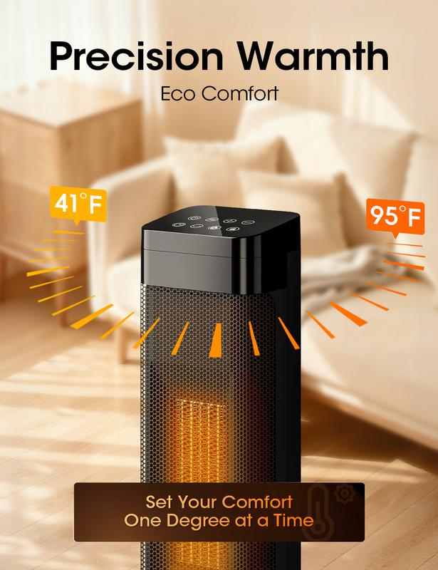 TEHANLD Space Heaters for Indoor, 25”Large PTC Ceramic Heater with Flame, 1500W Electric with Thermostat, 70°Oscillating Portable Tower Heater with Remote for Room, Bedroom, Home, Office, Black