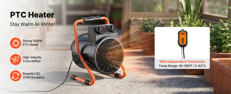 VEVOR 1500W Plastic Portable Greenhouse Electric Heater with Thermostat, Fan, High Heat Mode, 25&deg; Adjustable Angle, Adjustable Heating, IPX4 Protection, Overheat Shut-Off, Fire Resistant, Grip Handle, Heat & Ventilate for Flower Room, Home Office