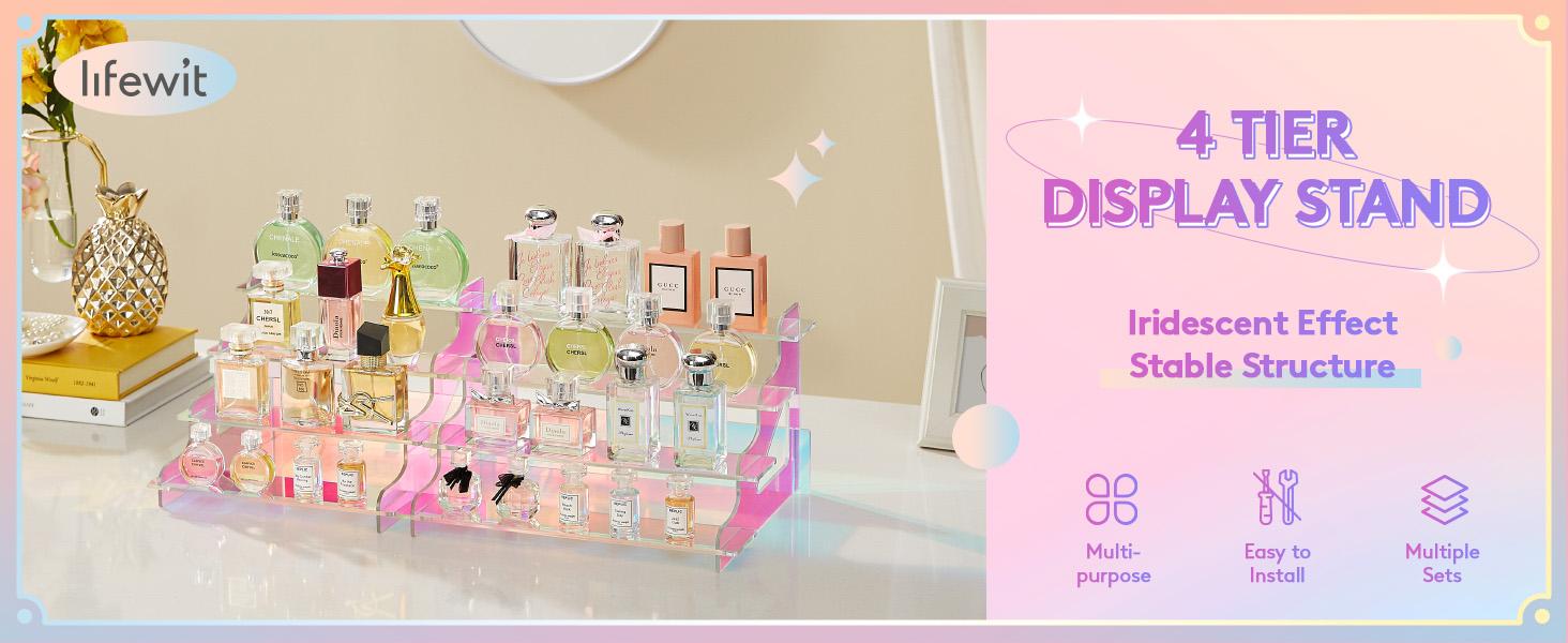 Lifewit 4-Tier Iridescent Acrylic Rises for Perfumes, Cologne, Fragrances, Figures, Collectibles & Organiser Racks - RGB Color, Space-Saving Design