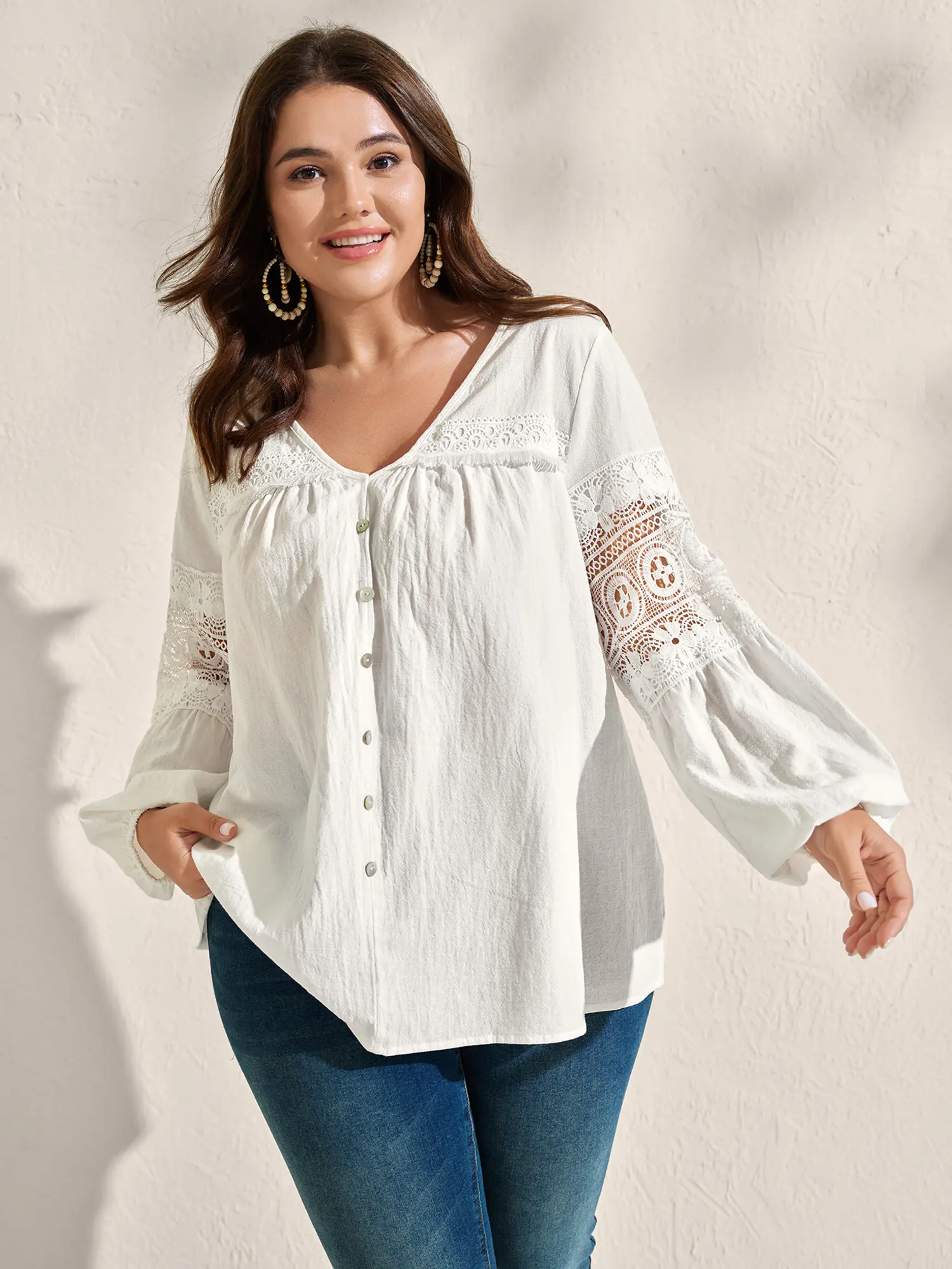 BloomChic Women's Plus Size Bohemian Blouse in Breathable Cotton with V-Neck, Lantern Sleeves and Lace Trim, Garment, Sleeve, Fabric, Shirts, Button Front, Regular Length, Woven Ribbon, Do Not Tumble Dry, Hand Wash Only, Lacy, Boho Style Outfit, Long Slee