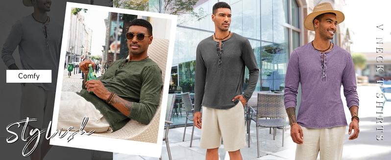 PASLTER Mens Distressed Henley Shirts Retro Long Sleeve Tee Shirts Casual Button Down Washed T-Shirts for Men