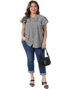 Agnes Orinda Plus Size Gingham Shirts 1950s Vintage Plaid Button Down Round Neck Ruffle Sleeve Back Pleated Tops