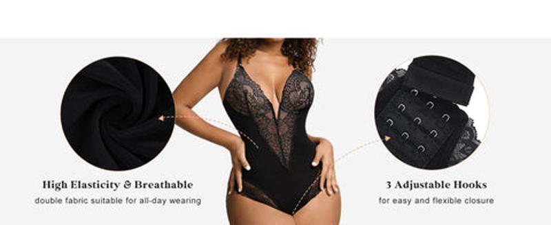 Popilush Fit Shapewear Bodysuit  Deep-V Neck Lace Bodysuits Basic Womenswear Tops Or Leather Skirts Underwear Sleeveless Long Sleeve Bodysuit Buckle Breathable Smooth