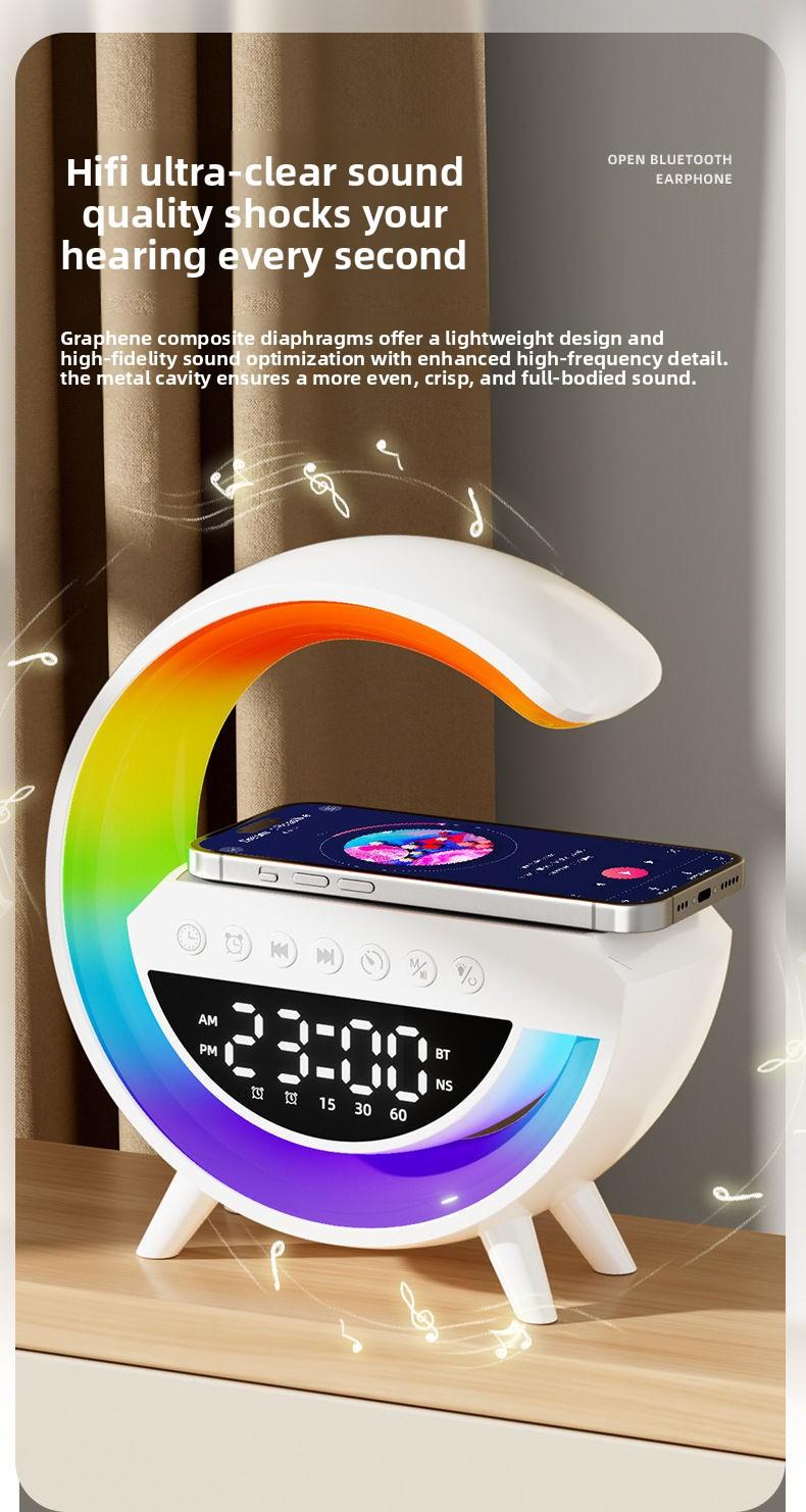 Multifunctional Atmosphere Night Light with Bluetooth Speaker Alarm Clock & Wireless Charger for Bedroom Bedside Speaker Ideal for Students Men