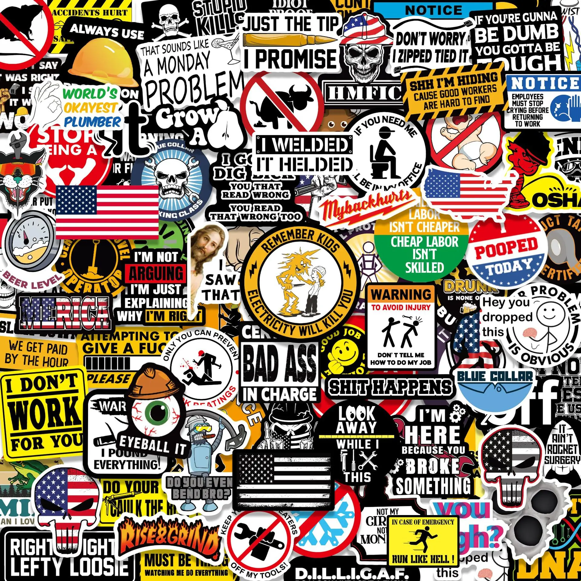 300-Piece Fun Waterproof Vinyl Decal Stickers, Durable Adhesive Sticker Collage Pack for Welding Masks, Toolboxes, Electrical Equipment, Vehicles, Safety Helmets and Storage Cabinets