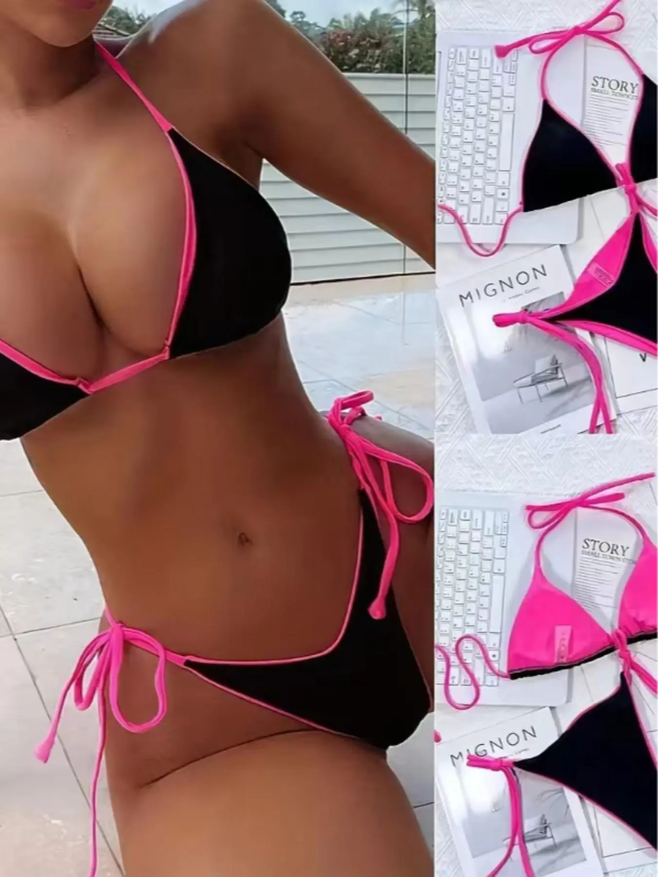 Two-Piece Set Women's Contrast Binding Tie Back Bikini Set, Casual Fashion Chic Stylish Bathing Suit Swimwear Set, beachwear swimsuits for Beach Holiday Vacation, Ladies Swimsuit for All Seasons, Bikini Swimsuit Outfit, bikinis sets