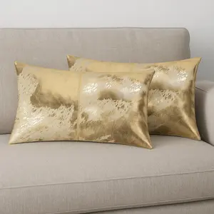 HomeRoots 544646 12 in. x 20 in. Natural & Gold Lumbar Cowhide Throw Pillows - Set of 2