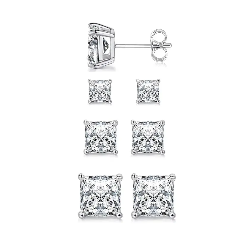 Women's 3-Pair Hypoallergenic Square Stud Earrings Set - Precision-Cut Princess CZ, 3MM/4MM/5MM, for Sensitive Ears, Daily Elegance