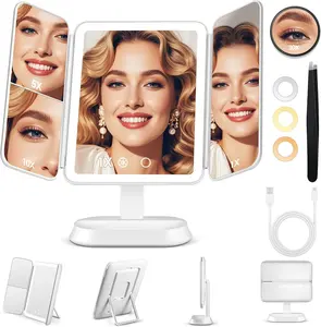 Vanity Mirror with Lights, Lighted Makeup Mirror with 30X/10X/5X Magnification, Rechargeable Trifold Mirror with 3 Color & Adjustable Brightness, Travel Makeup Mirror with Lights for Desk