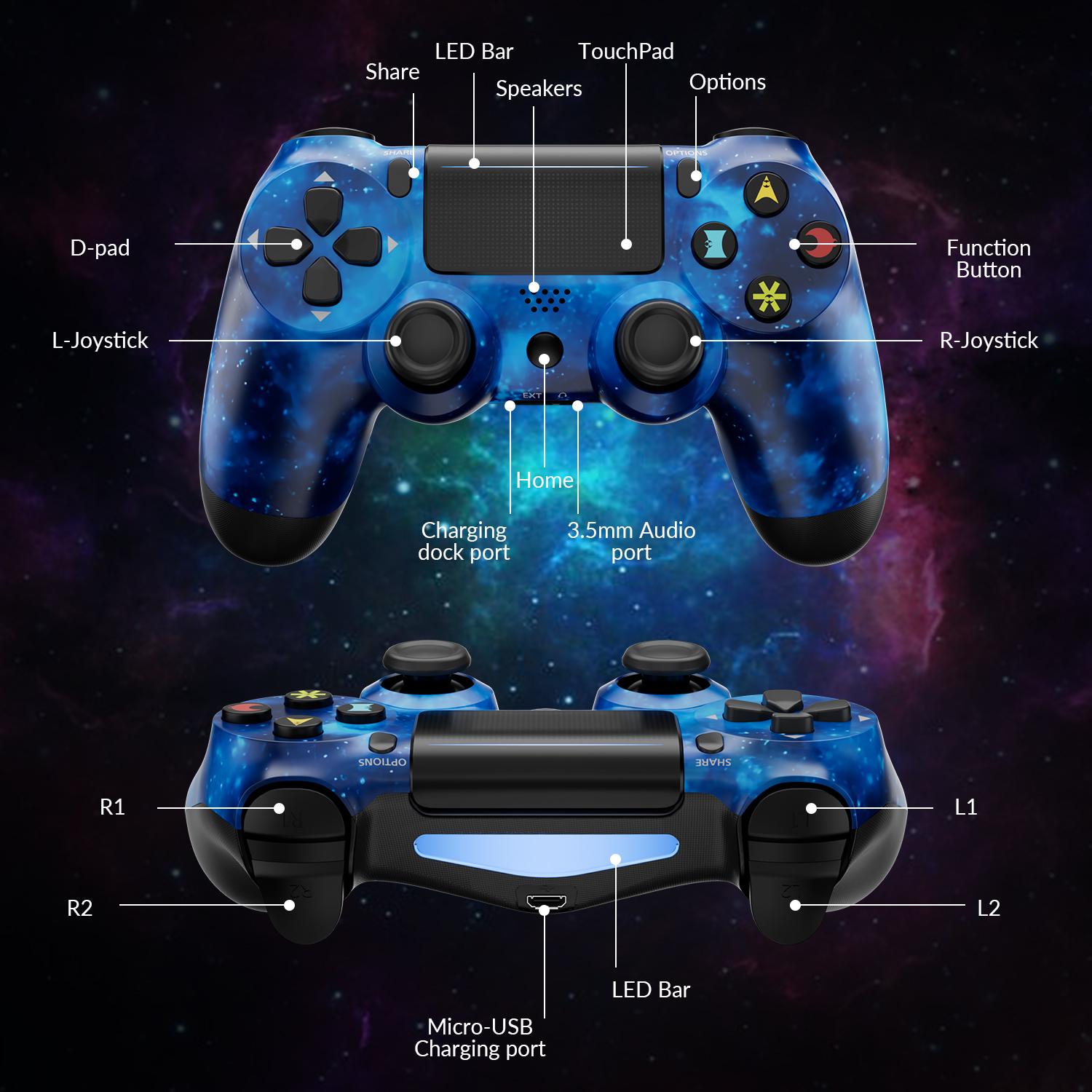 Wireless PS4 Controller Compatible with PS4/Pro/Slim, PC, Android, iOS, WithDual Vibration, Motion Sensing, Touchpad, Light Bar, Share, 3.5mm Headphone Jack, Perfect For PS4 Games