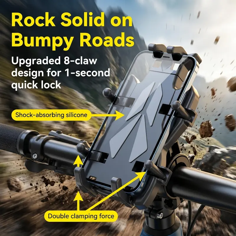 8-Claw Anti-Shake Motorcycle Phone Mount, 360° Rotatable Shockproof Bike Phone Holder, Stable Phone Mount Clip Screw Adjustable Version Universal Cell Phone Cradle Clamp for Bicycle Scooter ATV 0.6-1.3" Handlebar, Fits for 4.7-7.2 Inch Smartphones