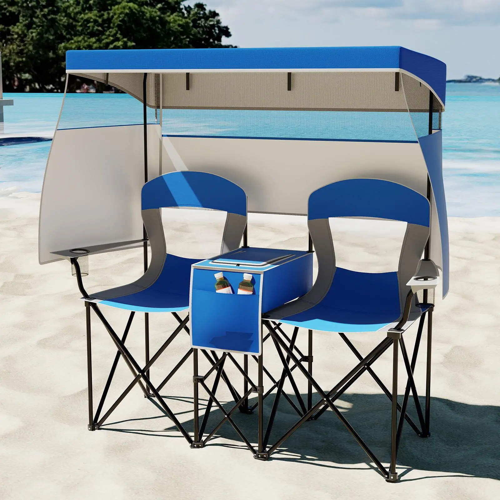 COSTWAY Double Beach Chair w/Adjustable Canopy, Oversized Folding Camping Chair w/Roll-up Shade, Cooler Bag, Cup Holders, Carrying Bag, 2-Person Portable Loveseat for Sports Fishing,4th of july decor, dad gift,