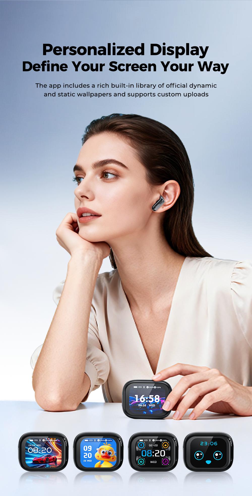 HTC NE68 Bluetooth 6.0 Earphones LCD Touch Screen IPX5 Waterproof Wireless Headphones 60H Playtime, HD Stereo Sound Earbuds, Built-in Microphone for Travel Learning Business