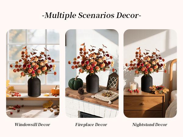 Fake Flowers in Vase for Centerpieces: Metal Vase with 12 Stems of Artificial Mums Kiku Flowers Eucalyptuses Home Table Decor - White Faux Pom Poms Floral Arrangements for Living Room