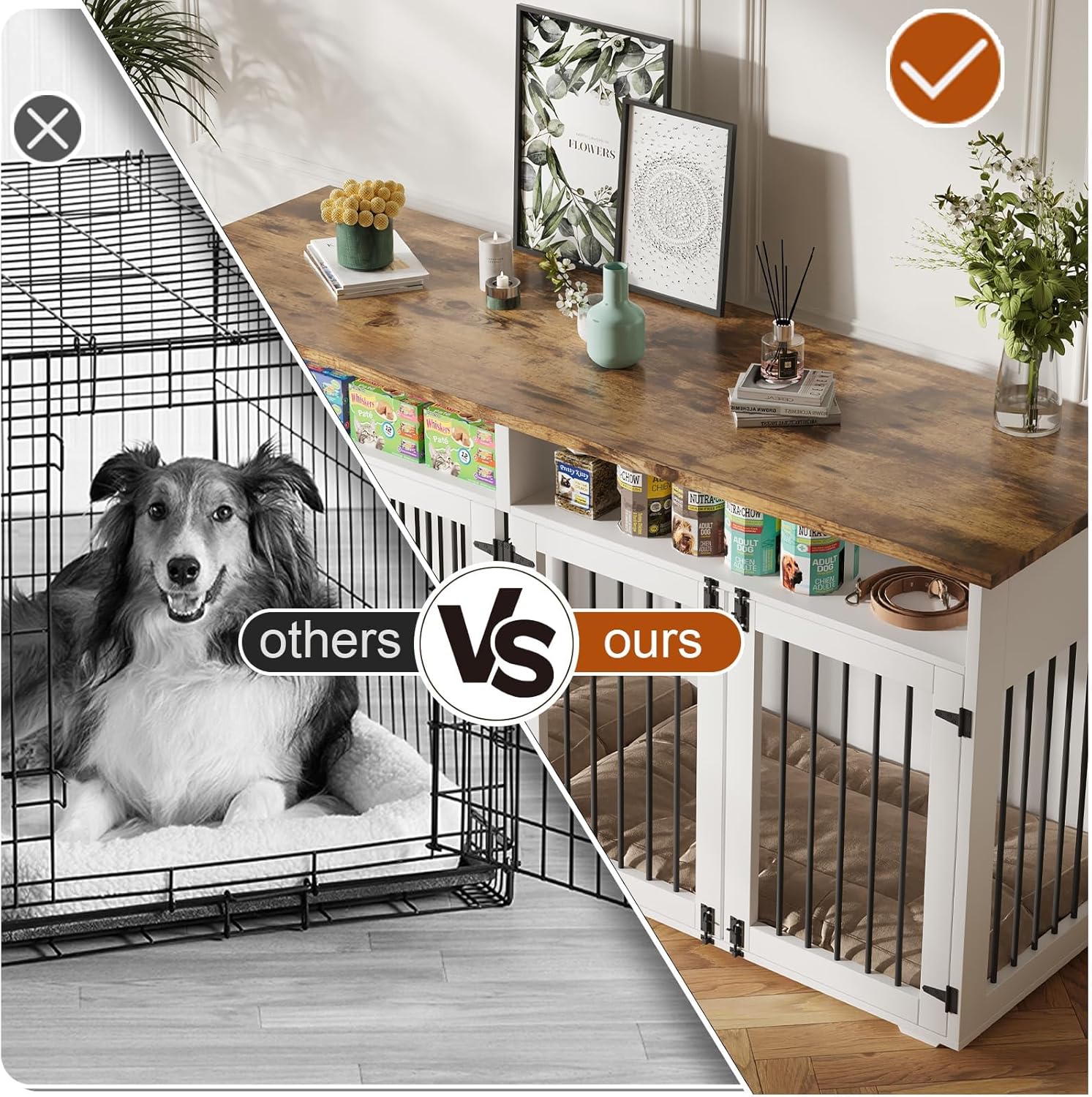 HOMBCK Dog Crate, 41/55/63/72 inch, with Removable Divider and Shelf Storage, Wooden Indoor Dog Crate for Large/Medium/Small Dogs, Farmhouse