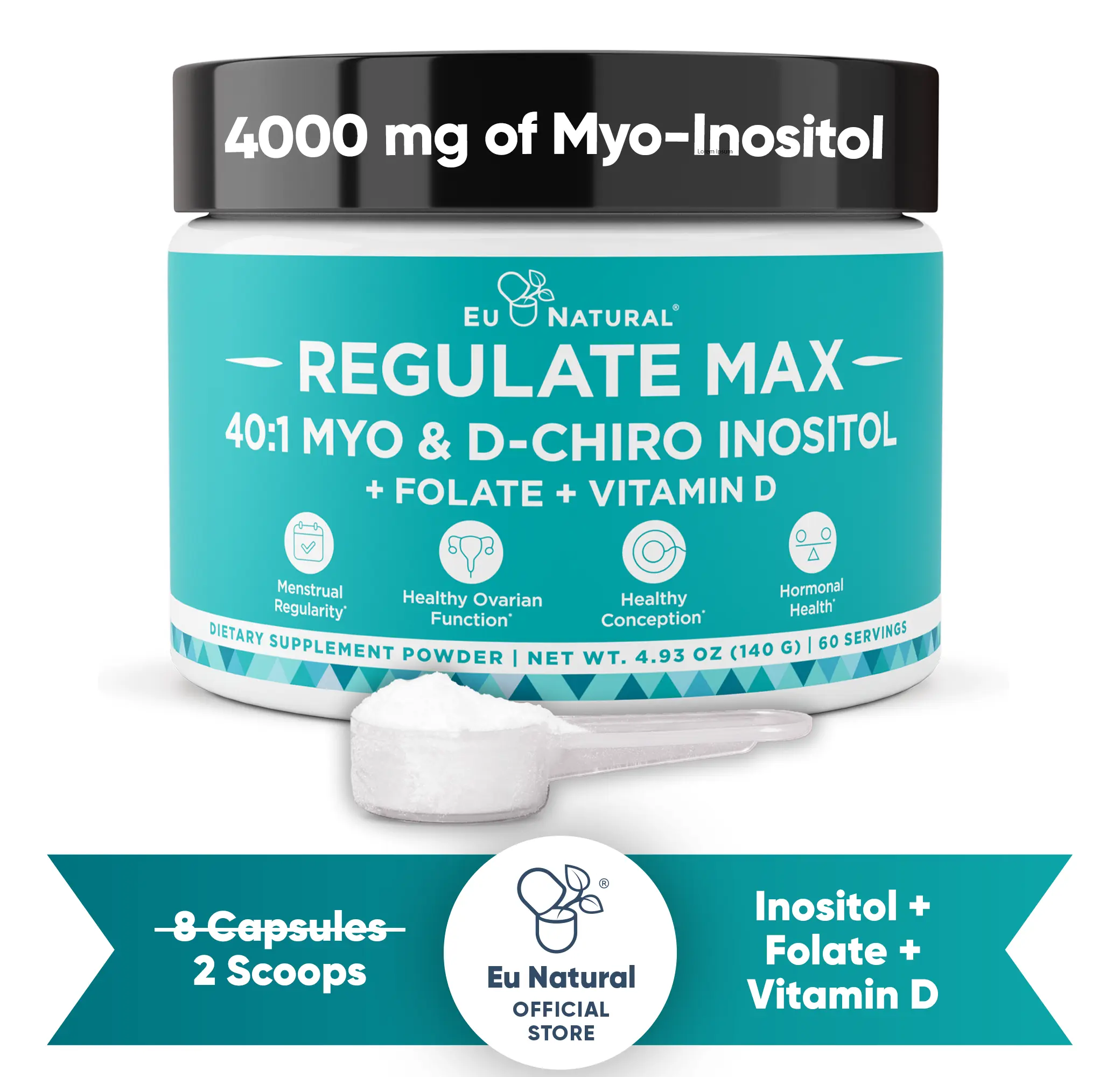 Eu Natural Regulate MAX – Myo Inositol & D-Chiro Inositol Powder - Hormonal Balance & Cycle Nutritional Support (with Vitamin D + Folate boost)