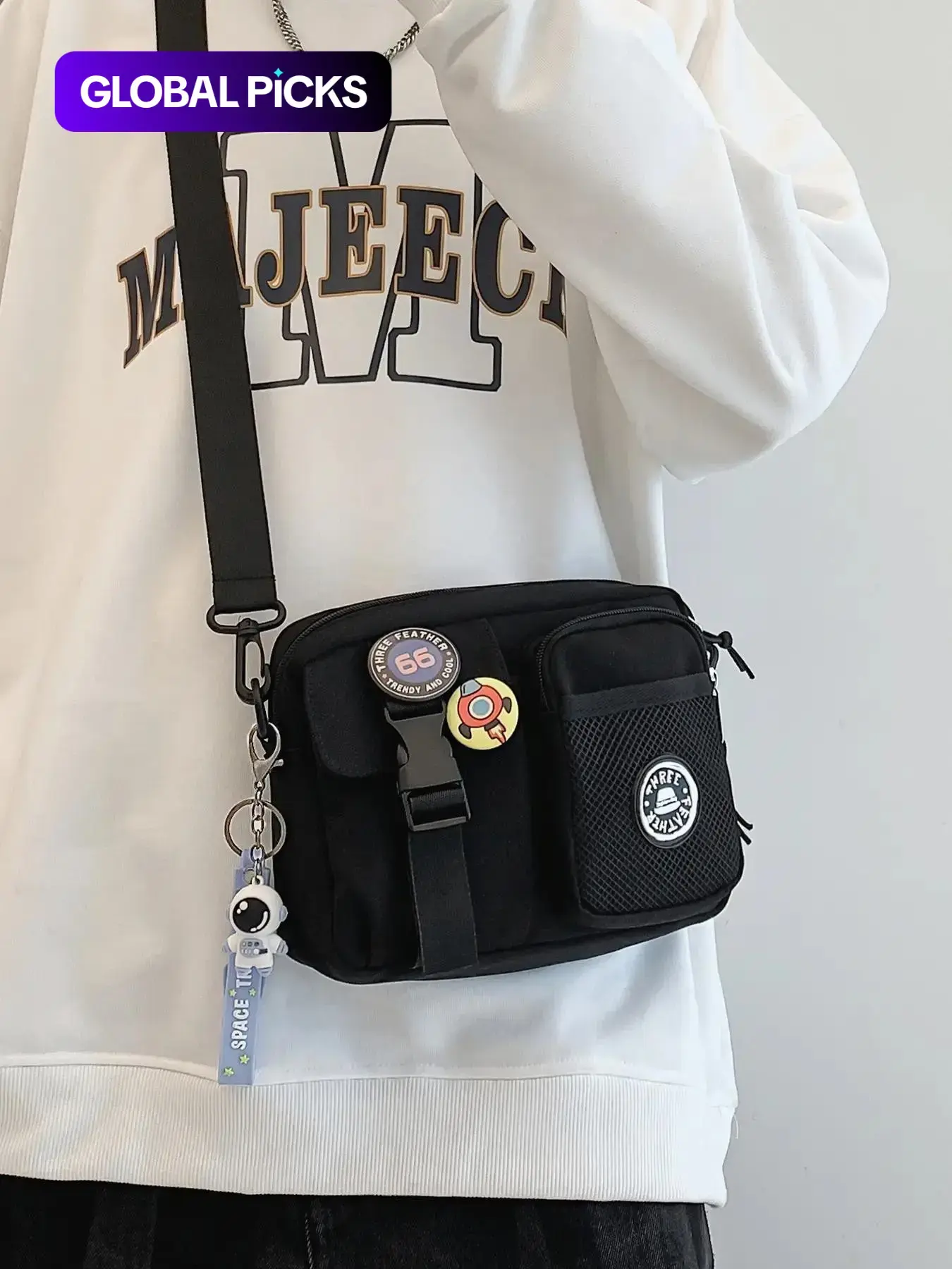 Unisex Casual Plain Color Release Buckle Crossbody Bag with Astronaut Charm, Zipper Crossbody Bag with Random Color Badge, Aesthetic Shoulder Bag, Zippered Sling Bag, Casual Crossbody Bags