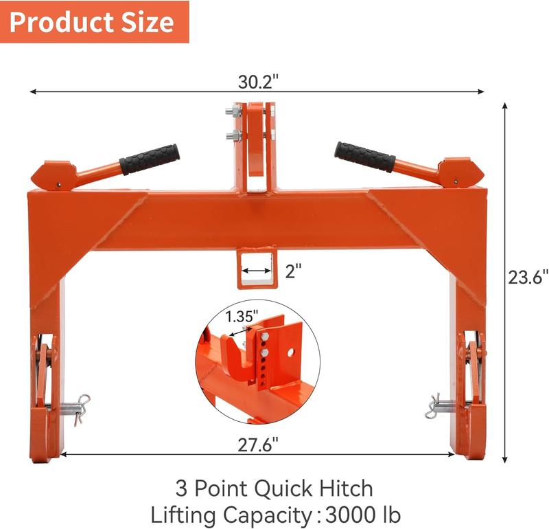 YITAMOTOR 3 Point Quick Hitch, 3000 lbs 3-Pt Attachments with 2" Receiver Hitch Adaptation to Category 1 Tractor with 5 Level Adjustable Bolt