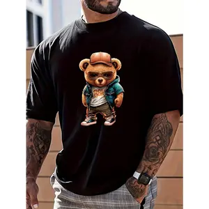 Men's casual cartoon bear print T-shirt-soft polyester, crew neck, short sleeve, machine washable-perfect for all seasons