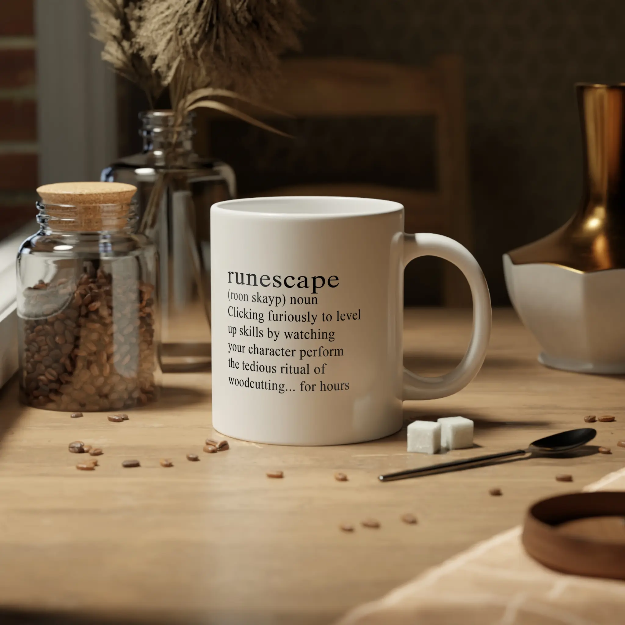 Runescape Definition Funny Coffee Mug, Roon Skayp Gamer Joke Cup, MMORPG Woodcutting Humor Gift, Minimalist White Ceramic Mug