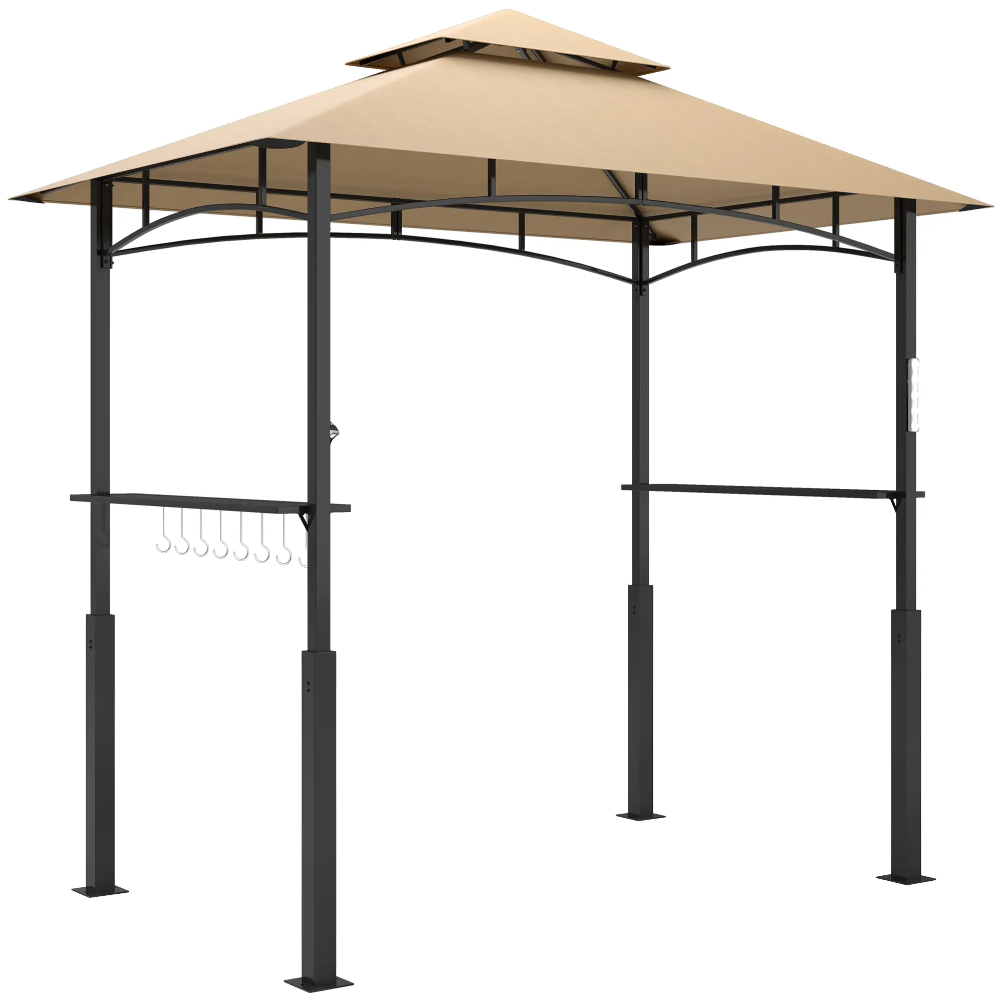 Outsunny 8' x 5' Grill Gazebo, Double Tiered Outdoor BBQ Gazebo with LED Light, 2 Side Shelves, Hooks and Bottle Opener for Patio Deck Yard, Dark Brown