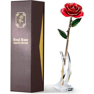 Gold Dipped Rose - Hand-Dipped Real 24K Gold Rose - Genuine One of a Kind - Eternal Romantic Present for Her - Perfect for Valentines, Mother's Day, Anniversary, Birthday (Red)
