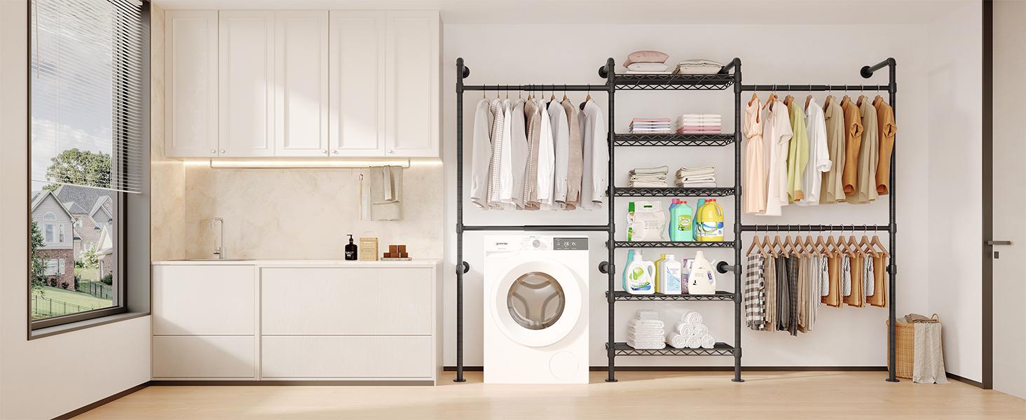 【SPOTLIGHT DAY】ONBRILL H3 Wall Mounted Closet System Expandable Industrial Pipe Clothes Rack with 4 Telescopic Rods & 6 Mesh Panels for Flexible Storage in Wardrobe