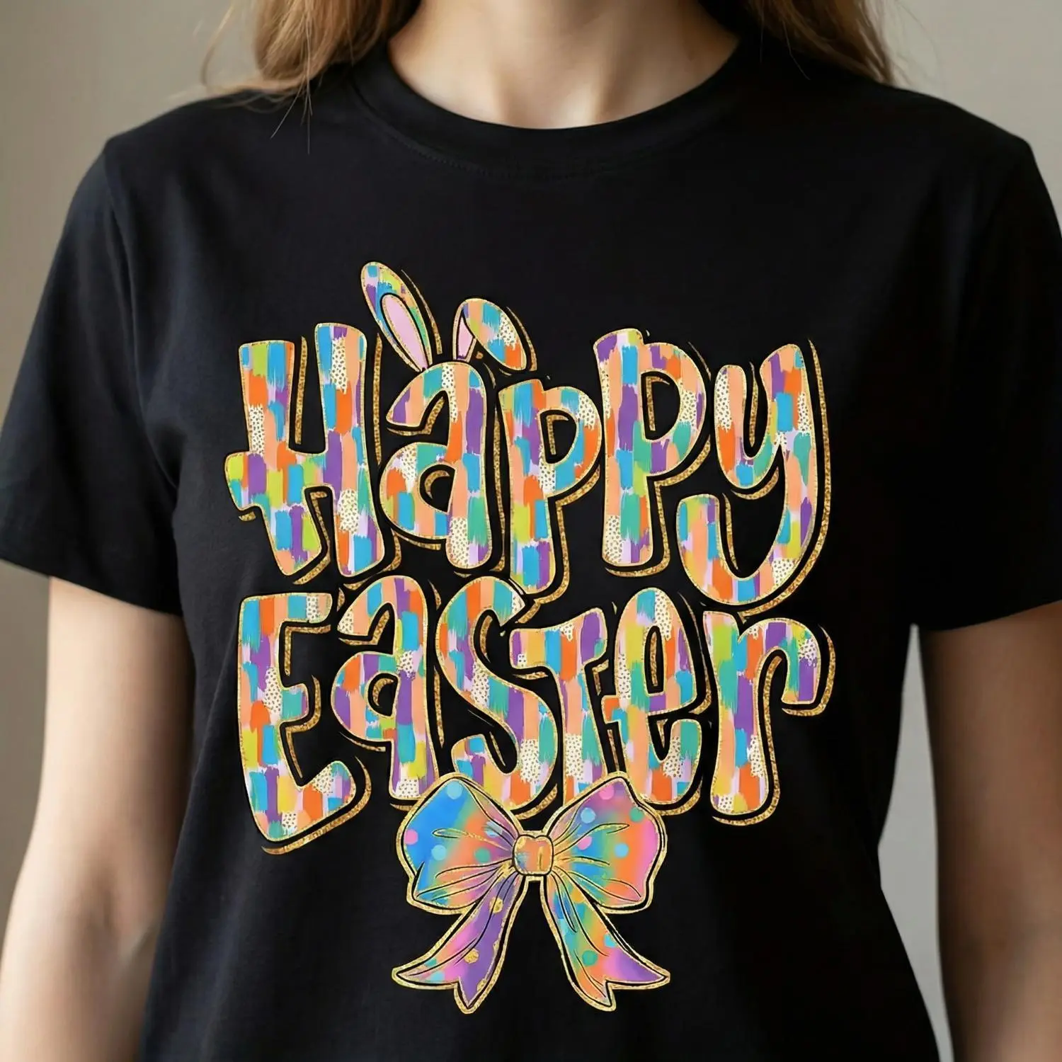 Easter Bunny and Bow Graphic Tee Vibrant Colorful Design Unisex Casual Short Sleeve T Shirt Made from Durable 100 Cotton for All Seasons