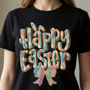 Easter Bunny and Bow Graphic Tee Vibrant Colorful Design Unisex Casual Short Sleeve T Shirt Made from Durable 100 Cotton for All Seasons