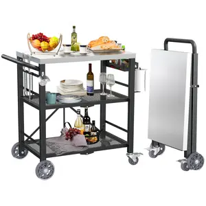 YACONA 3-Tier Stainless Steel Folding Grill Table, Portable Outdoor BBQ Cart & Pizza Oven Stand for Blackstone Griddle