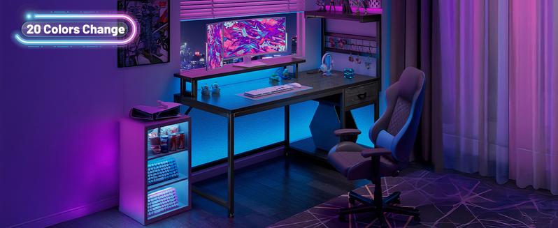 【Cost-effectiveness】Raybee 48'' Gaming Desk with Drawer,Computer desk with LED Lights & 3AC Power Cord & Outlets,Home Office Desks with Monitor Stand,Side Shelf,Metal Frame