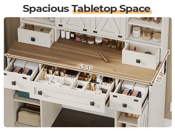 Valentine’s Gifts: Hasuit Farmhouse Vanity Desk with Mirror and Lights, White Makeup Dressing Table with Charging Station, Rustic Vanity Mirror with Sliding Barn Door, Vanity Table with 3 Adjustable Lighting Modes